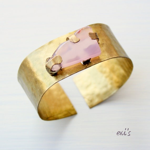 Handcrafted Hand Cut Hammered Shiny Brass Medium Wide Artisan Metalwork Bracelet Cuff with Pink Agate Gift for Her by  EV.I.