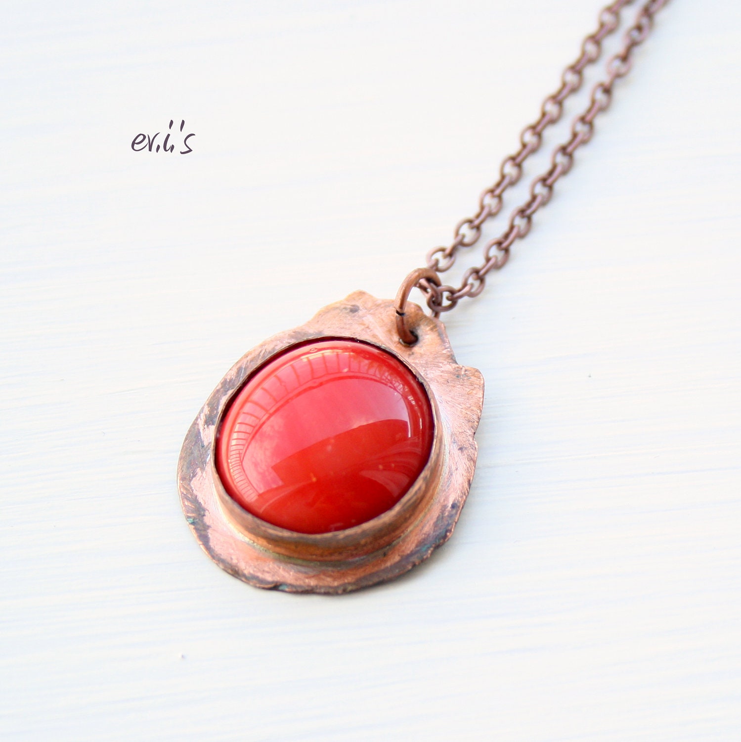 Handcrafted Copper Round Eco Friendly Oxidized Artisan Statement Pendant Necklace with Red Glass Round Bead Gift for Her.Free Shipping