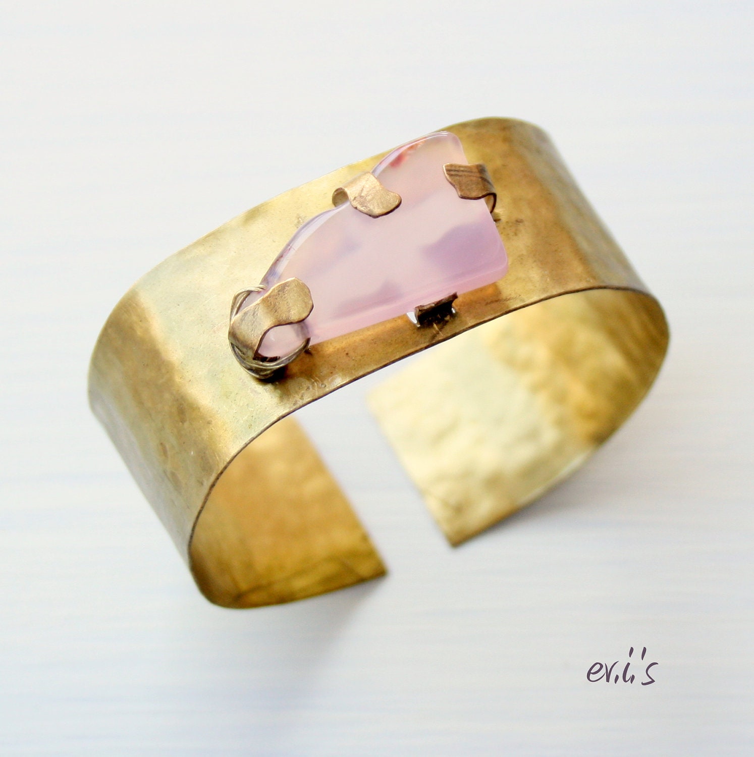 Handcrafted Hand Cut Hammered Shiny Brass Medium Wide Artisan Metalwork Bracelet Cuff with Pink Agate Gift for Her by  EV.I.