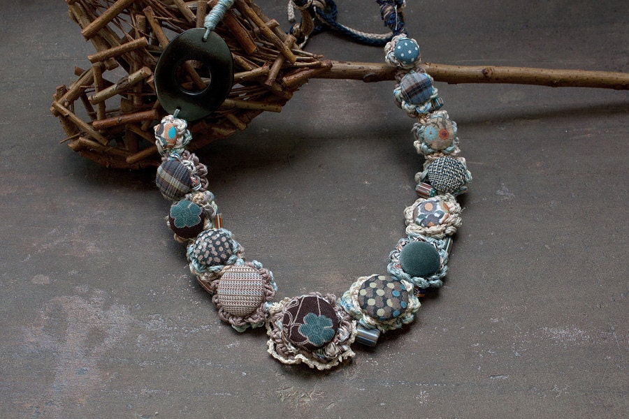 Textile necklace, crochet with fabric buttons, blue beige brown, OOAK