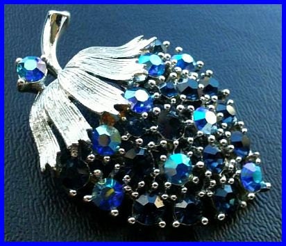 Vintage Brooch Pin Signed Lisner Blue AB Rhinestone Strawberry Designer Jewelry 2" VG