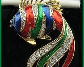 Vintage Fish Brooch Pin  Red Blue Green Enamel & Clear Rhinestones Gold Metal 2 1/4" VG