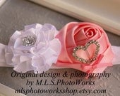 The P.S. I Love You Headband - Baby Girl Pink & White Satin Heart Hair Bow - Little Girl's Sweet Pink Headband - Made to Order