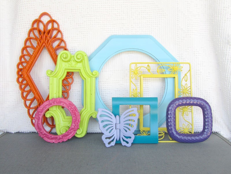 Bright Painted Funky Frames Set of 7 plus butterfly - Upcycled painted frames..  Gallery Wall/Cottage Playroom Teen Girl Kids Bedroom