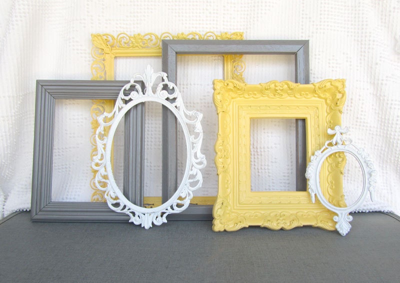 Yellow, Grey White Ornate Picture Frames with GLASS set of 6 - Upcycled Frames Modern  Bedroom Decor Wedding Gift