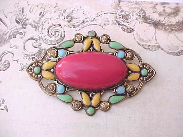 Beautiful Antique Edwardian Era Brooch with Enamels and Scarlet Stone