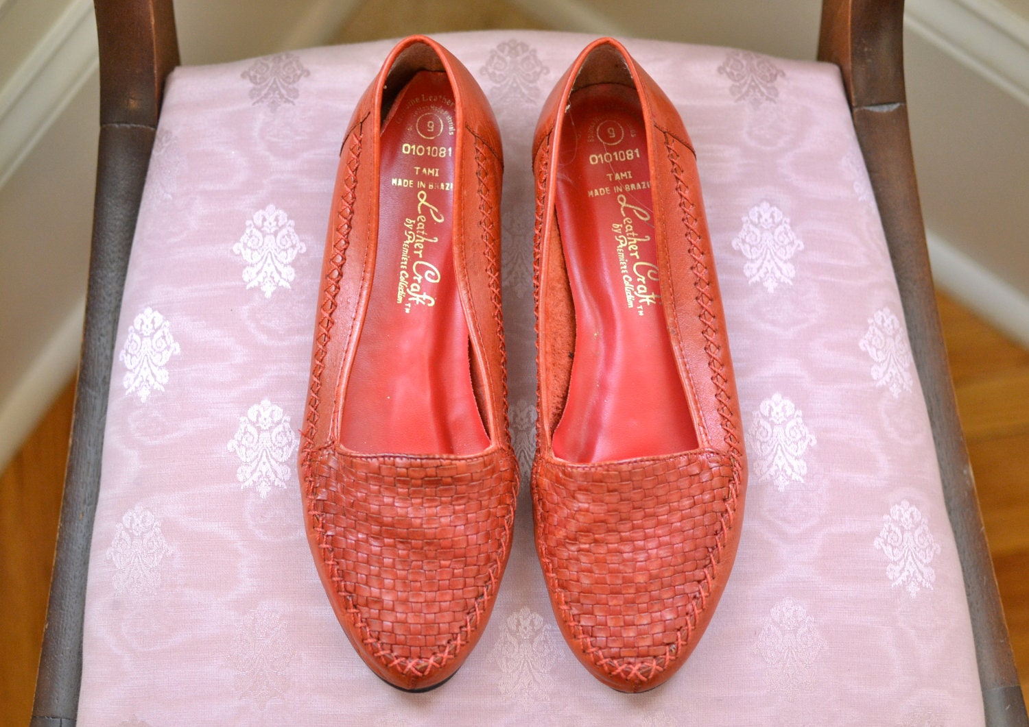 Vintage Red Leather Woven Flats / Size 9 / 1980s Shoes