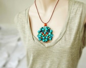 Turquoise Blue, Woven Wooden Bead Necklace, Orange and Green highlights,  Contemporary, Minimalist, Funky
