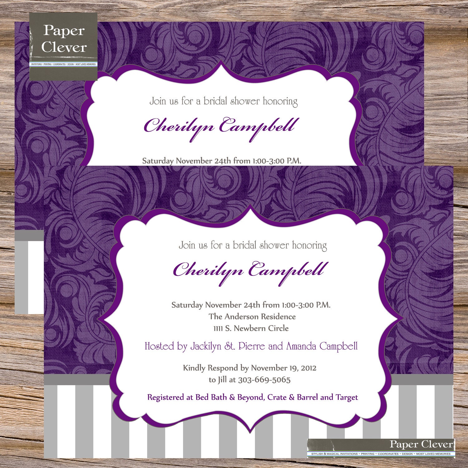 Bridal shower invitation Modern Purple & Grey Paris digital file, printable Il_570xn