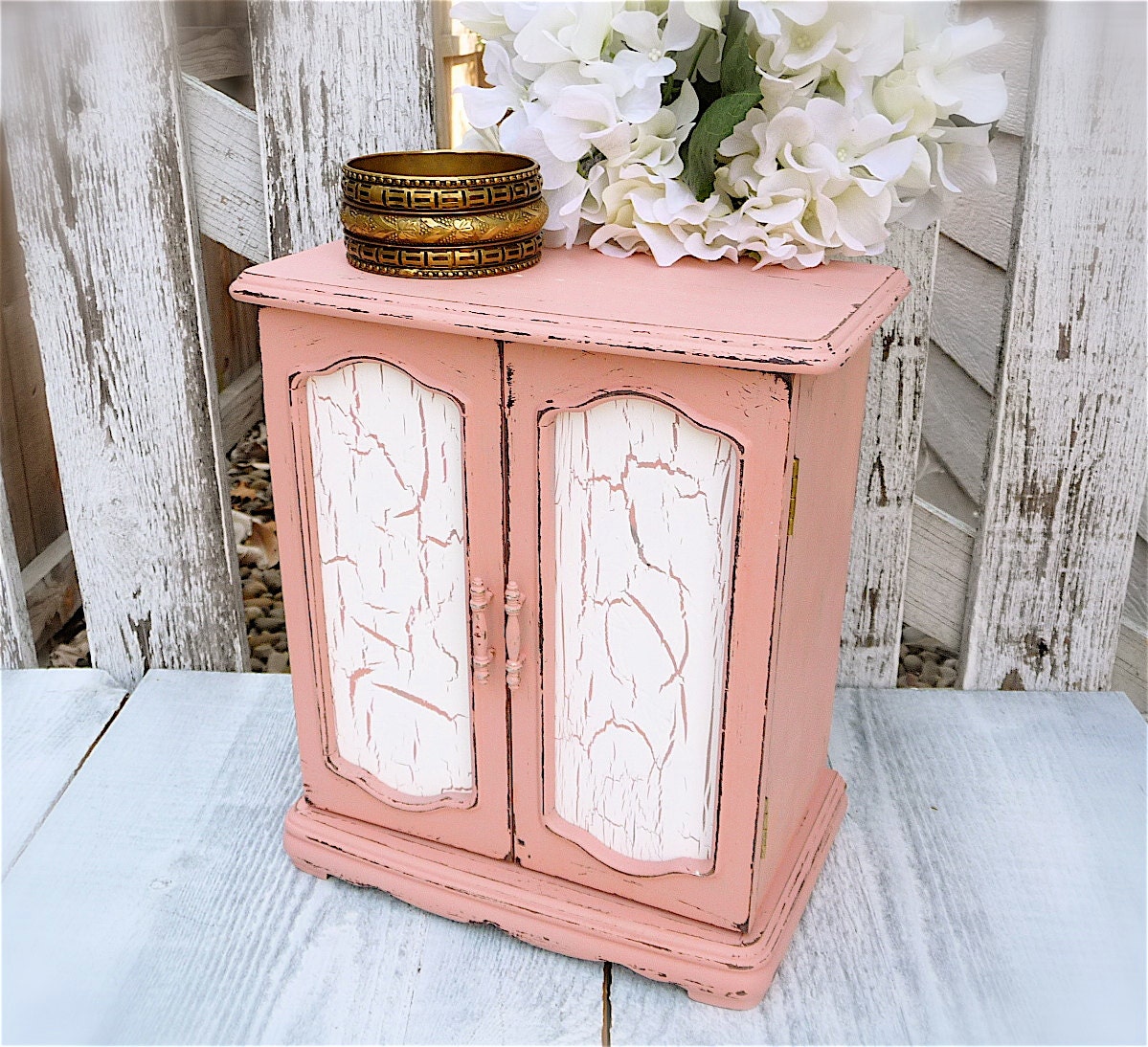 Pink Jewelry Box - SHABBY CHIC Crackle finish doors Jewelry Armoire