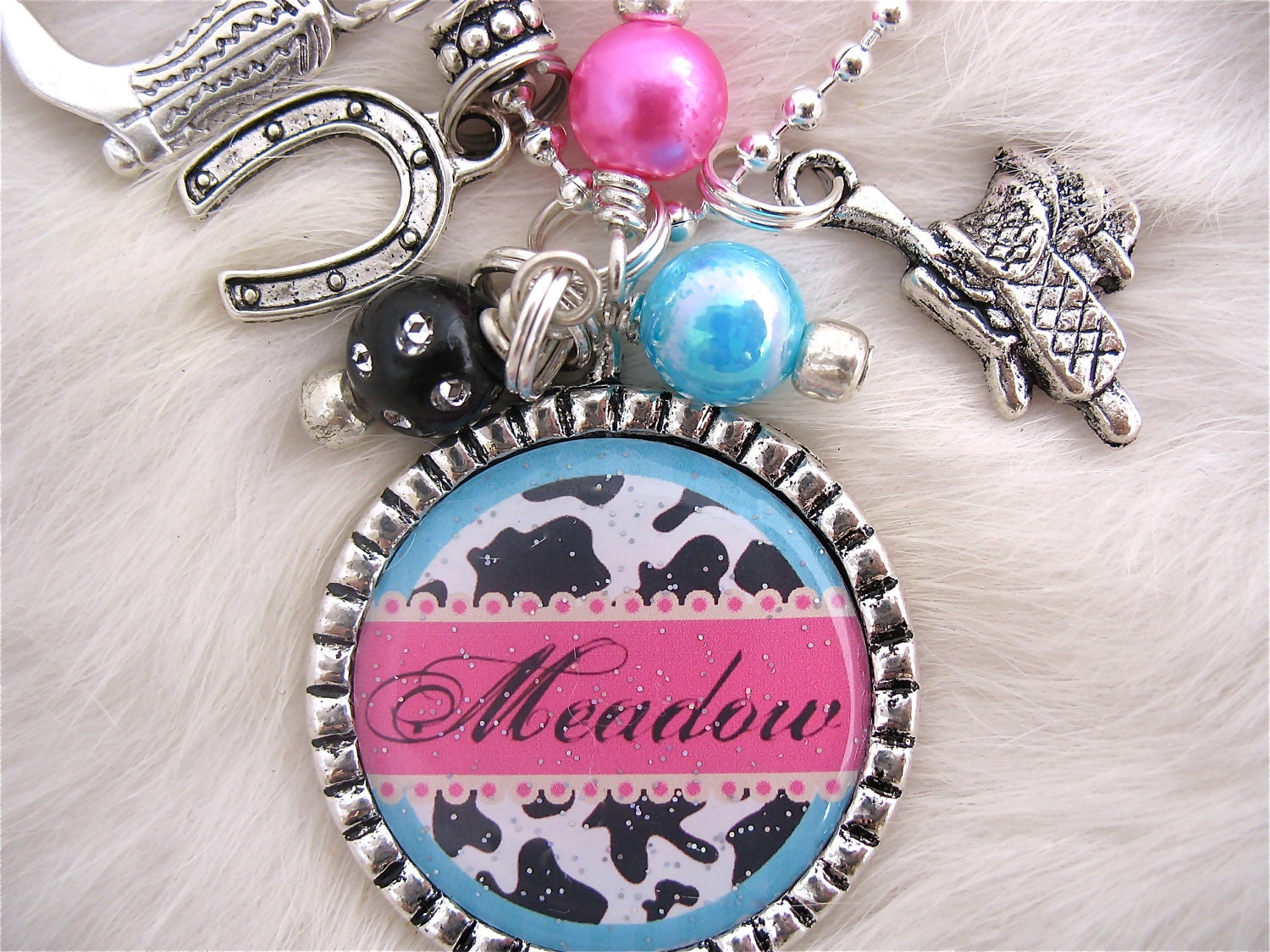 COWGIRL Jewelry Bottle cap Cow Print Necklace Pendant Cowboy boot Horseshoe charm, Saddle Western, Equestrian, riding, Gift Present, Kids