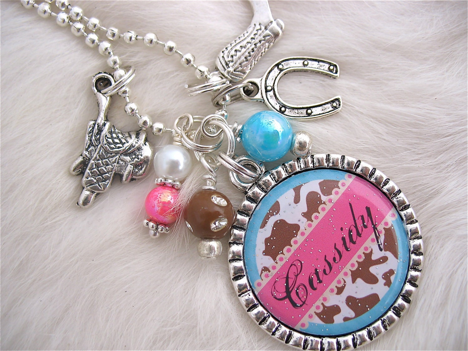 COWGIRL Jewelry Bottle cap Cow Print Necklace Pendant Cowboy boot Horseshoe charm, Saddle Western, Equestrian, riding, Gift Present, Kids