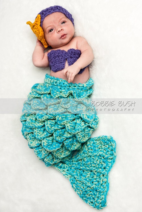 Baby Mermaid Set 0-3m Starfish Headband Shells Tail Drape - Hat Crochet Outfit Newborn Boy Girl Halloween Thanksgiving Photo Prop