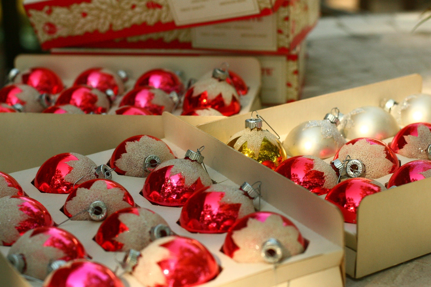 36 Shiny Brite Ornaments, 30 red bulbs, 1 gold bulb, 5 silver bulbs, Snow Topped Christmas Bulbs,Tree Trimming - vintageatmosphere