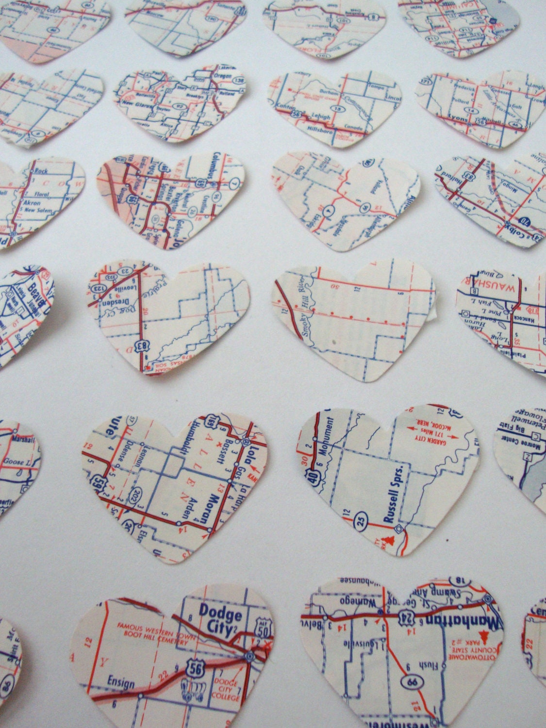 Map Stickers or Envelope Seals : Vintage Map set of 12 heart shaped map stickers or envelope seals