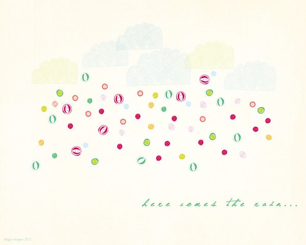 Nursery Art Print, Kids Room decor, Illustration, Clouds, Buttons, Childrens Illustration - Here comes the rain