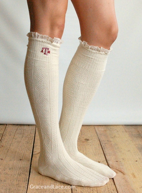 Lacey Fan TEXAS A&M Boot Socks cable knit boot sock with lace and school logo - Collegiate boot socks (Item no. 12-16)