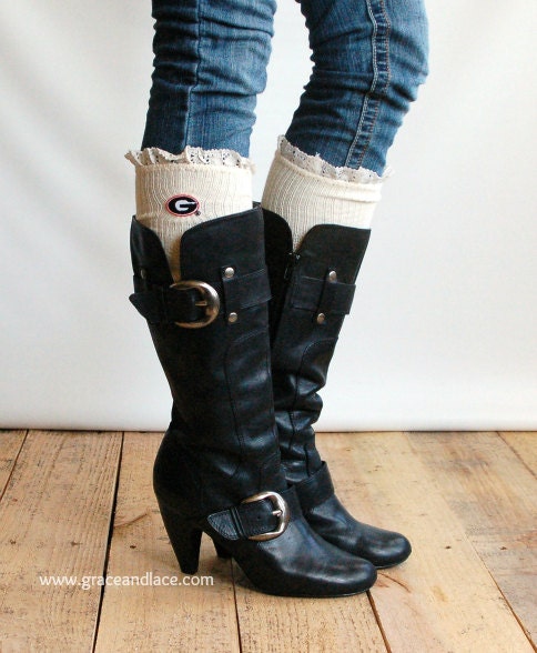 Lacey Fan UNIVERSITY OF GEORGIA Boot Socks cable knit boot sock with lace and school logo - Collegiate boot socks (Item no.12-4)