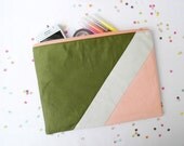 XLARGE zipper pouch 10 x 8 inch geometry color block avocado peach