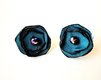 Teal Fabric Stud Earrings, Small Studs, Iridescent Peacock Blue Bridesmaid Gift, Small Cute Earrings for Teen Girls, Posts