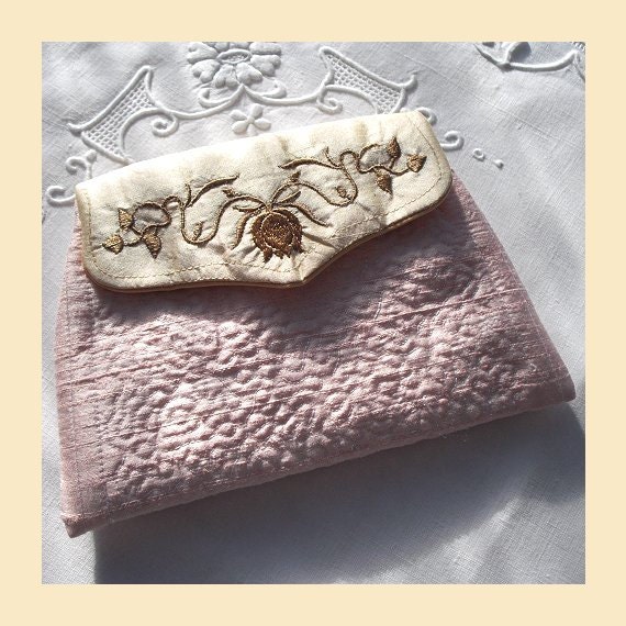 purse in quilted silk  -  'bronze flowers' design, available in sugar pink, pale blue, violet or cream