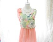 10% OFF SALE Spring Romantic bow shoulder chiffon flowers blossom tunic dress tank sleeveless pink and pastel green floral