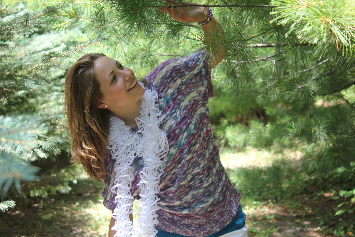 White Rose Knit Scarf - Hand Knit Spiral Lace Ruffle Scarf