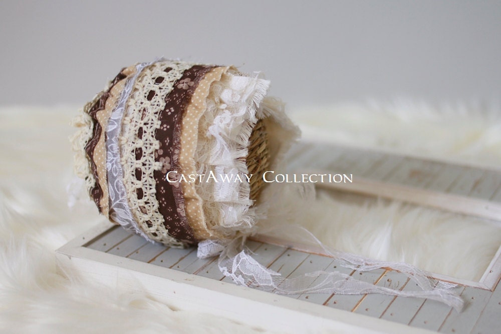 Newborn Bonnet Photo Prop, Shabby Chic Fabric Newborn Bonnet, Baby Hat, Upcycled Newborn Photography Props