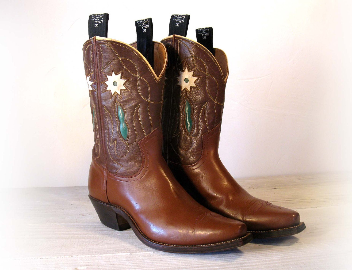 50s FRYE Brown All Leather Shorty Pee Wee Cowboy Boots with Floral Inlays, Men's sizing 7 B / Women's size 8