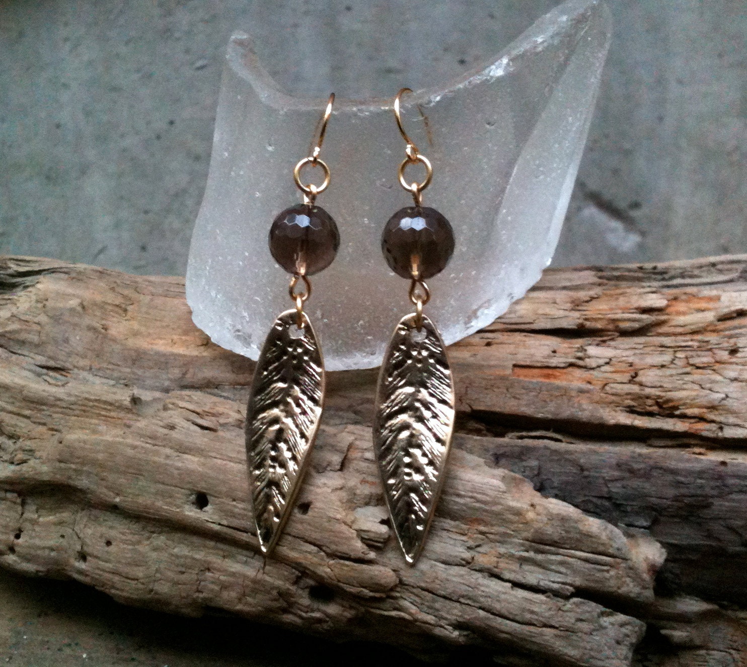 Celine Earrings / Smoky Quartz & Gold or Silver Leaves