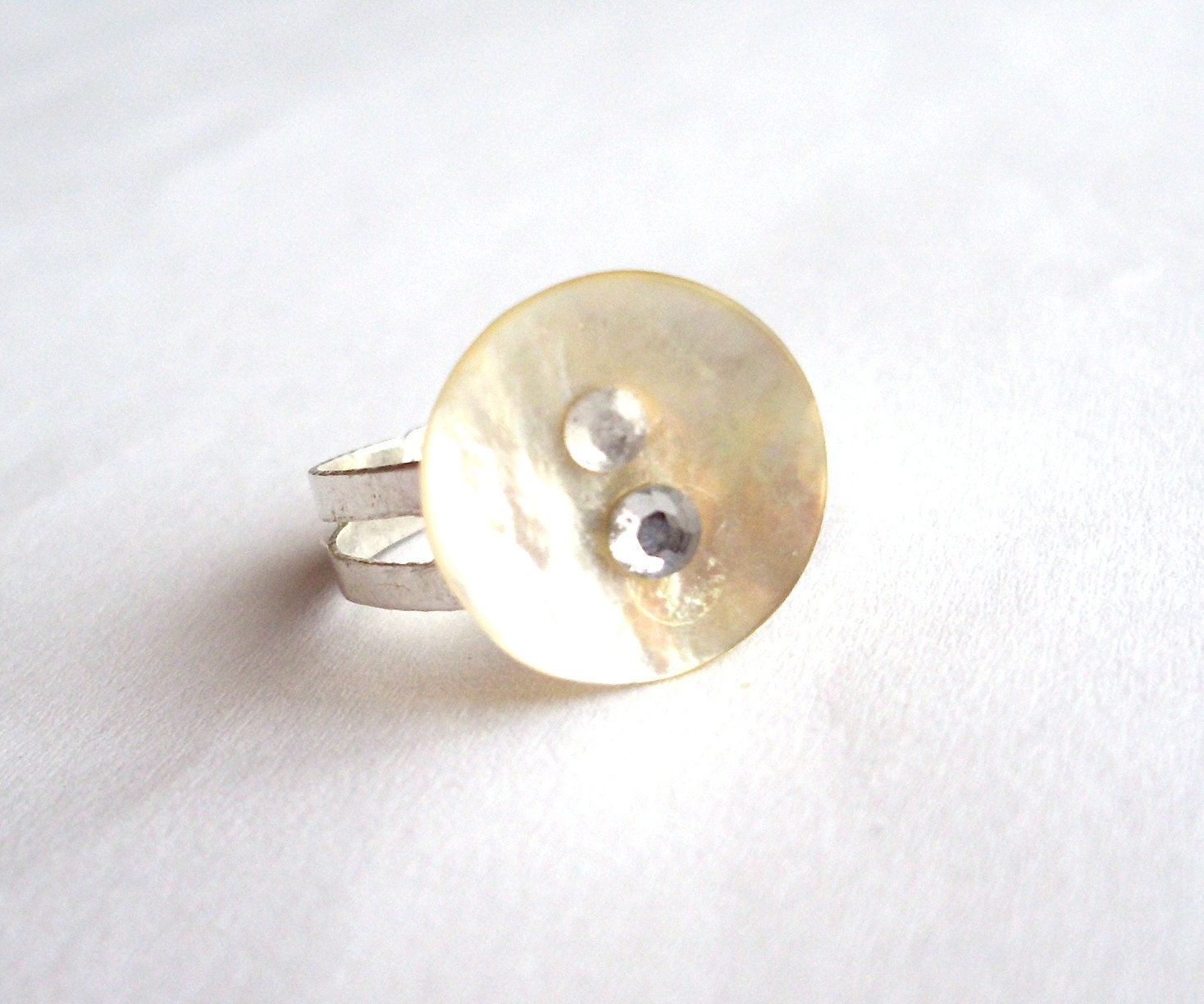Button adjustable ring upcycled jewelry eco friendly mother of pearl, white, beige, pastel, soft