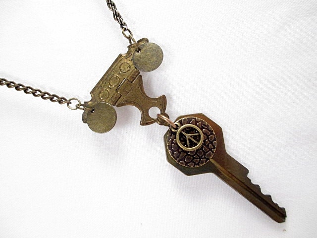 Bronze Lariat Necklace Beaded Jewelry Upcycled Brass Key Handmade Bohemian Steampunk Goth Victorian Mixed Media Necklace Peace Long Rustic