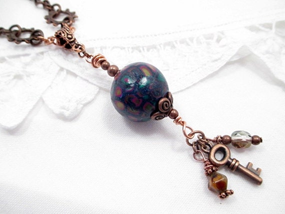 Copper Metal Lariat Necklace Beaded Jewelry Handmade Upcycled Victorian Steampunk Turquoise Blue Copper Skeleton Key by Littlebitsofaith