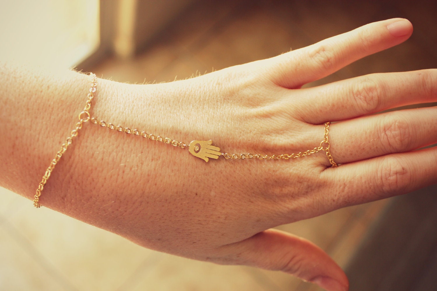 Slave Bracelet-Gold Hamsa hand braclet ring duo