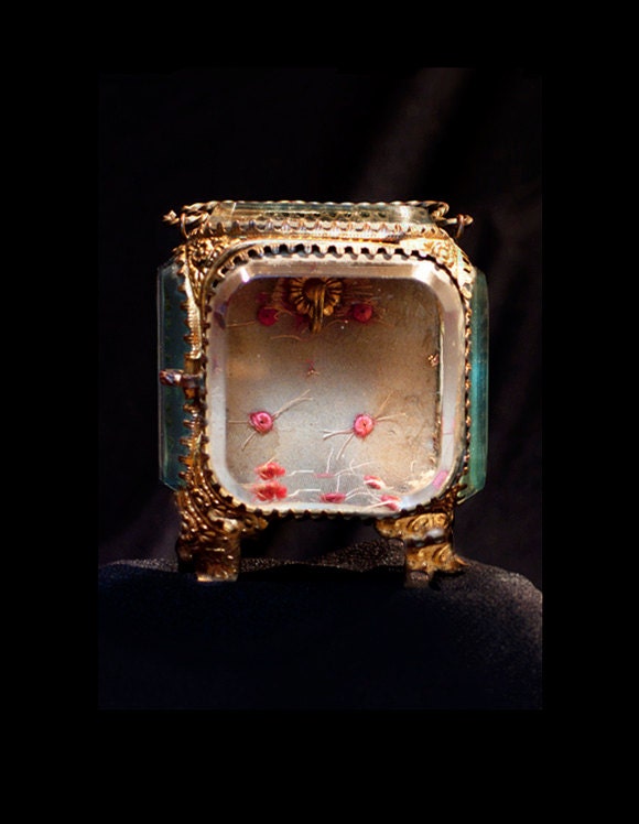 Antique Gilt Ormolu Beveled Glass Jewelry / Watch Casket, Vitrine. Exquisite French ROMANTIC Trinket Box, Pink Silk Rosebuds.