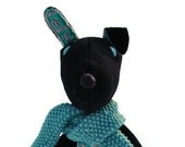 Soft Toy, Dog, Plush, Softie, OOAK, Handmade, Vintage, Feedsack, Wool, Turquoise, Bessie, UK Seller,