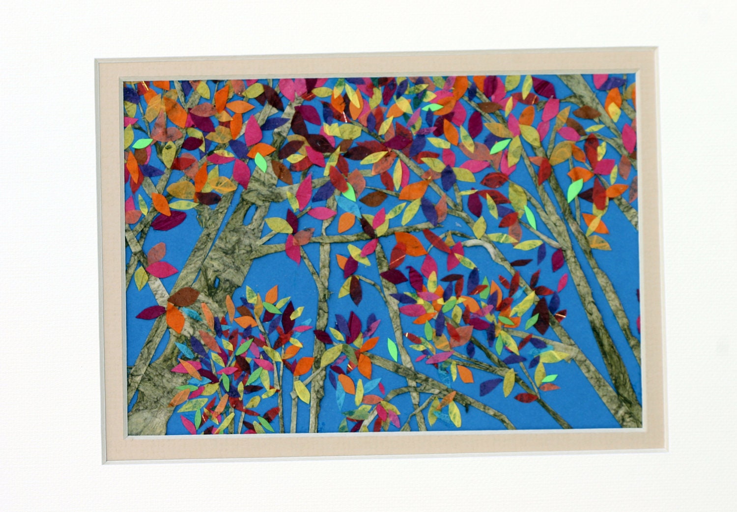 Falling Up, Colorful tree collage, leaves, autumn, fall colors, blue sky, paper, bark