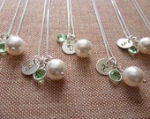 Bridesmaid gift - Set of 4 Bridesmaid Necklace - White Pearl Birthstone Initial Disc Pendant  Silver - Wedding Jewelry set
