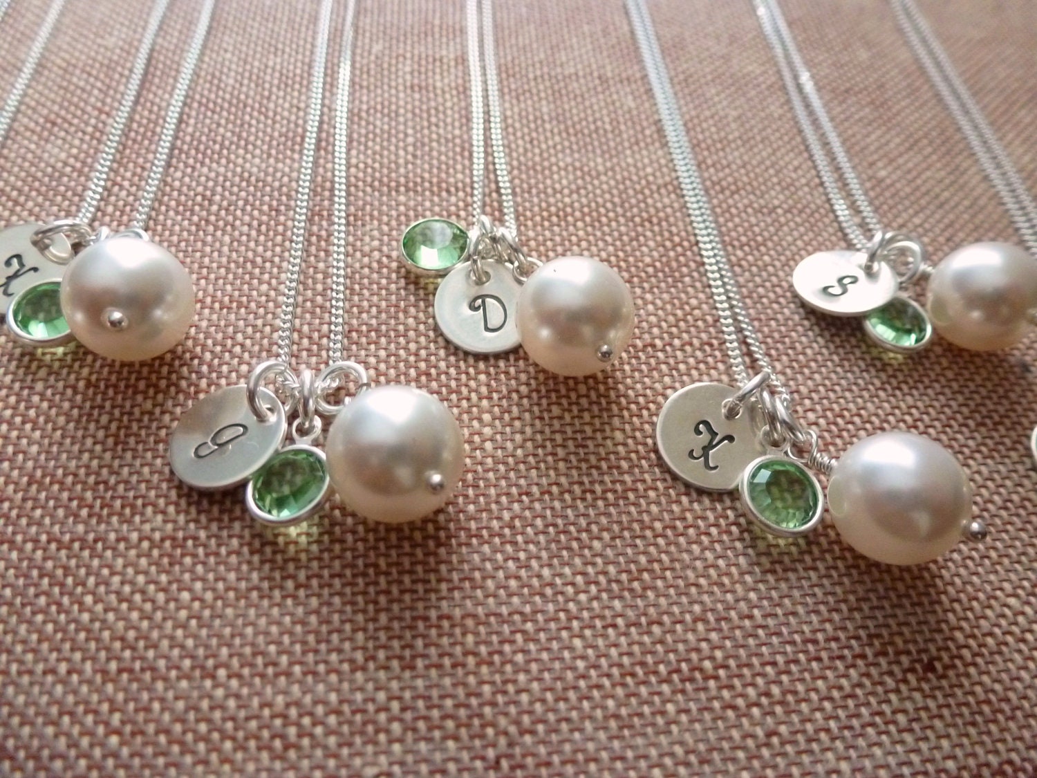 Bridesmaid gifts - Set of 4 Bridesmaid Necklace - White Pearl Birthstone Initial Disc Pendant Silver - Wedding Jewelry set