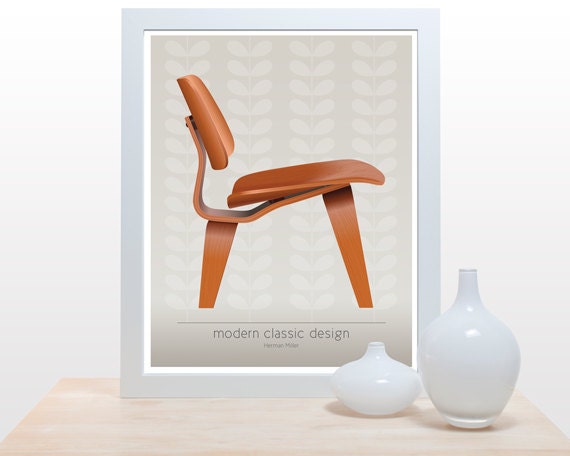 Mid Century Print Chair- 11x14 Print Herman Miller molded plywood lounge chair print office mad men brown taupe