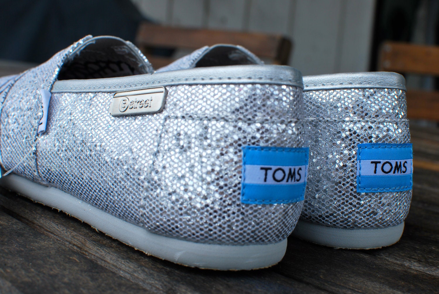 Silver Glitter Black Mustache TOMS shoes