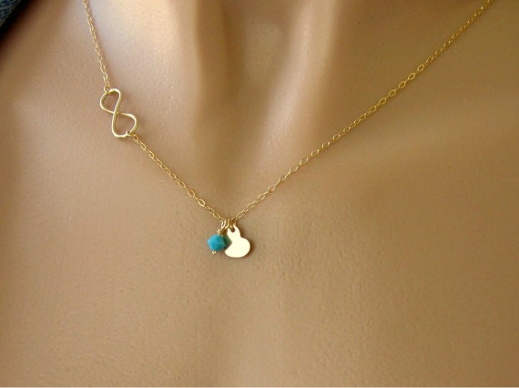 Contemporary Gold Infinity Necklace With Heart and Turquoise Crystal - December Birthstone