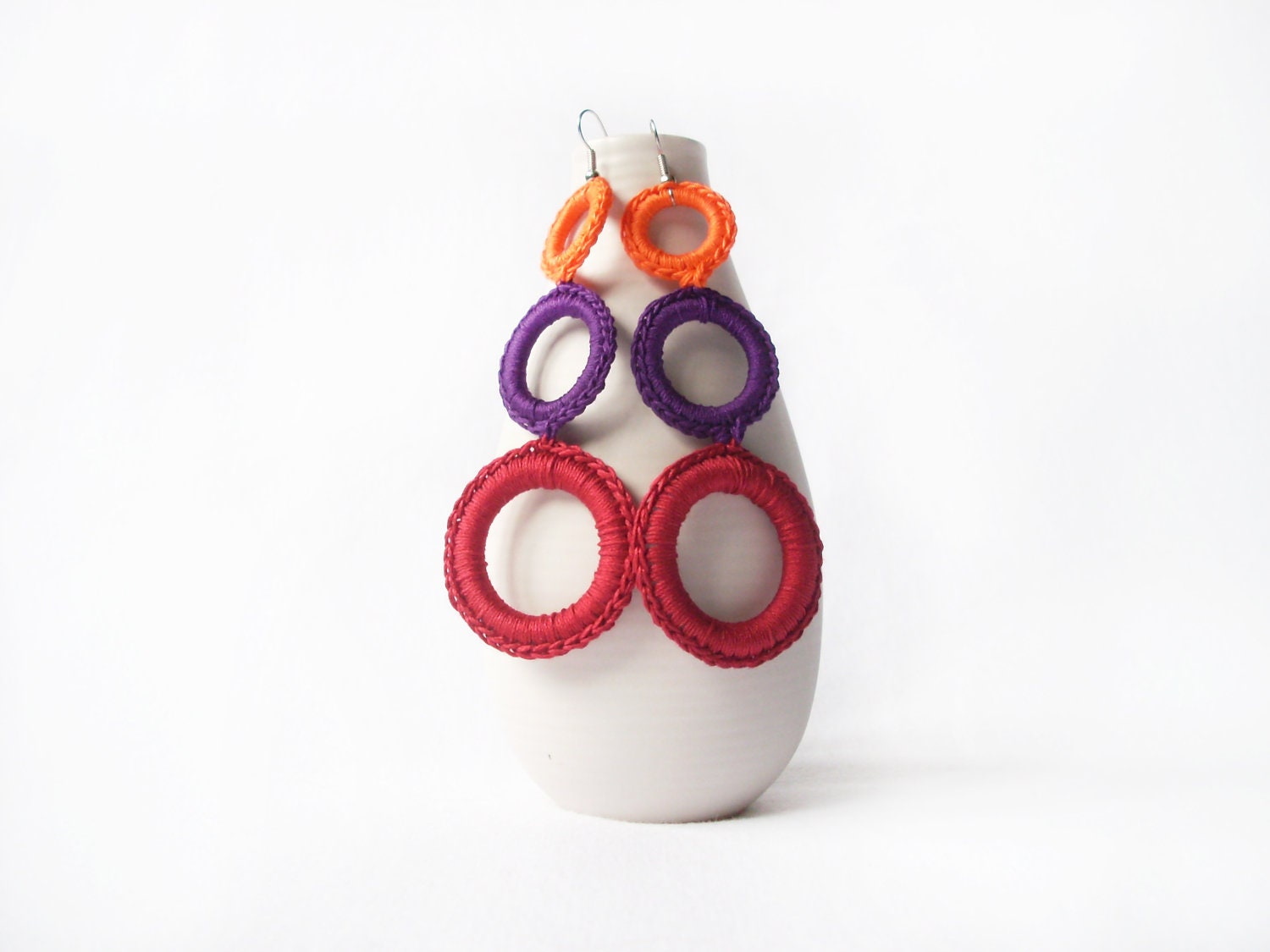 Color block big earrings crochet /Fiber jewelry bright colors / Summer hoop earrings / Italian fashion jewelry / Geometric colorful jewelry