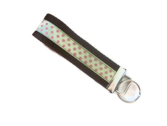 Keychain, Key Fob,  Wristlet, key ring, brown, pink, green, dots