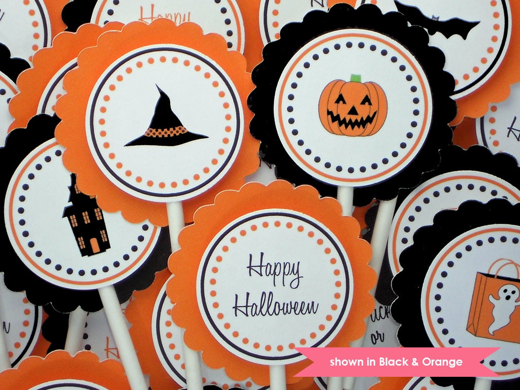 Halloween Cupcake Toppers - Orange and Black Halloween Decorations - Personalization Available Il_170x135