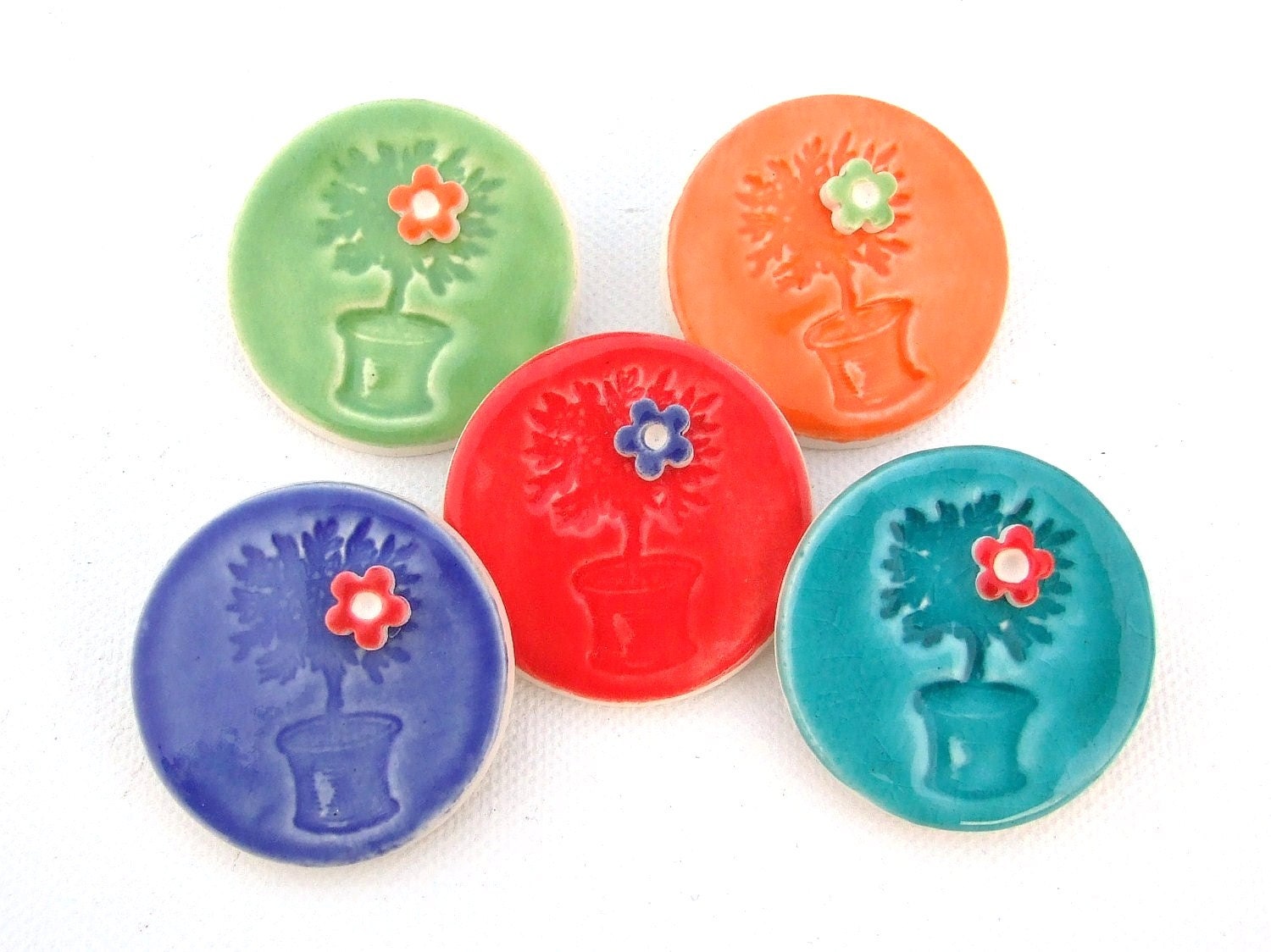 Colourful ceramic brooch, orange, red, turquoise, lime green, royal blue, vintage style bay tree, tiny flowers, colorful