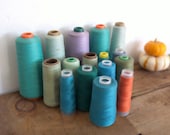 Vintage Thread Spools - large lot of 16 industrial giant spools in assorted colors - teal, turquoise, blue, olive green, orange, lavender