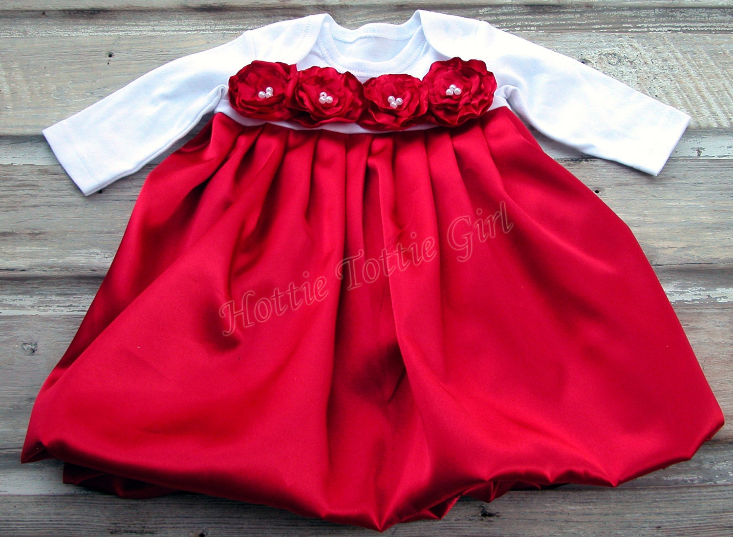 Baby Dress Red Satin with Rosettes & White pearls, Size Infant to Toddler Baby Girls Holiday Dresses, Couture Baby Dress 6229
