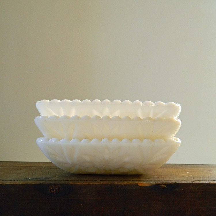 Square Presscut Hazel Atlas Milk Glass Square Bowls - Beaded Edge