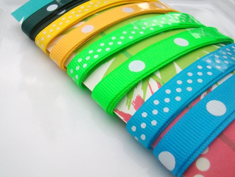 Green, Blue, Yellow Polka dot Cross grain Ribbon 7 yards